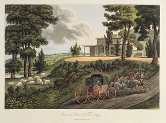 Entrance Front to Tew Lodge, illustration från Observations on Laying Out Farms in the Scotch Style, publicerad 1811 (akvatint)